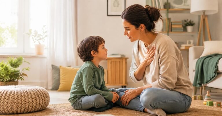 Madre hablando calmadamente con su hijo sentados en el suelo — cómo educar sin gritar