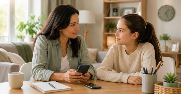 Madre hablando con su hija adolescente sobre el uso del móvil — a qué edad dar el móvil a los hijos