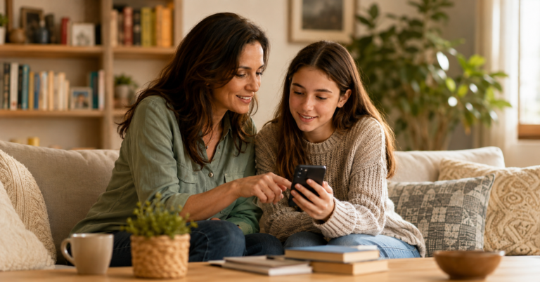 Madre e hija adolescente revisando juntas el móvil — adolescentes y redes sociales