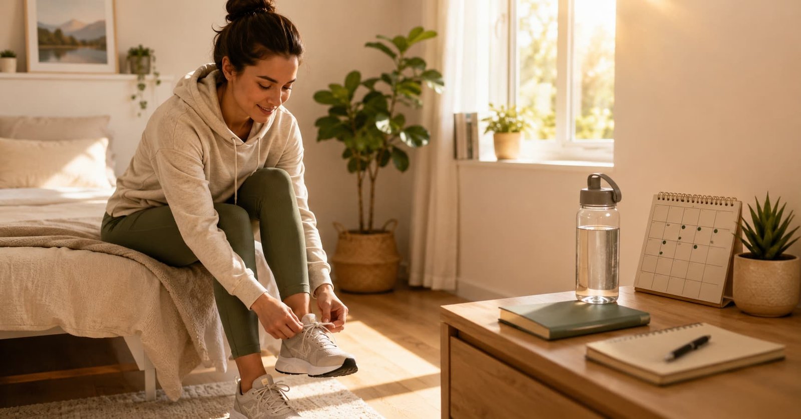 Mujer poniéndose las zapatillas para empezar su rutina — cómo crear hábitos que duran