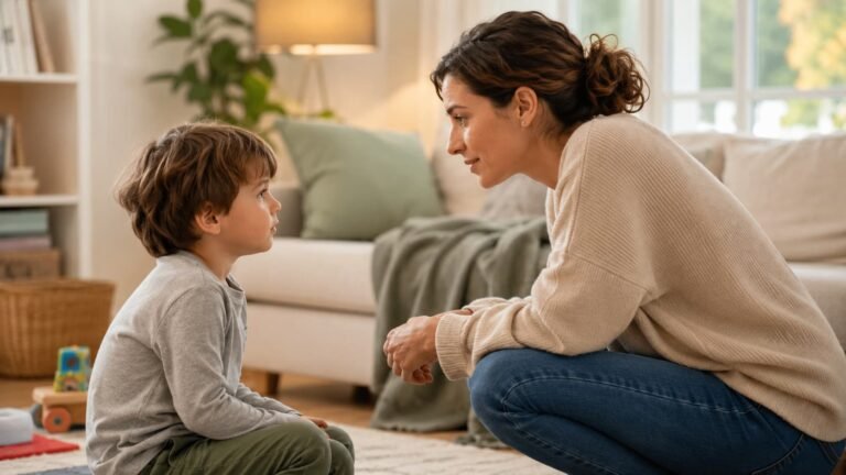 Madre agachada hablando con calma con su hijo — cómo poner límites a los hijos