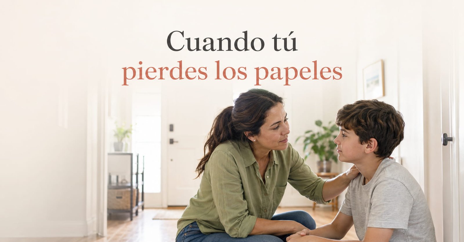 Madre pidiendo perdón agachada a la altura de su hijo en el pasillo de casa