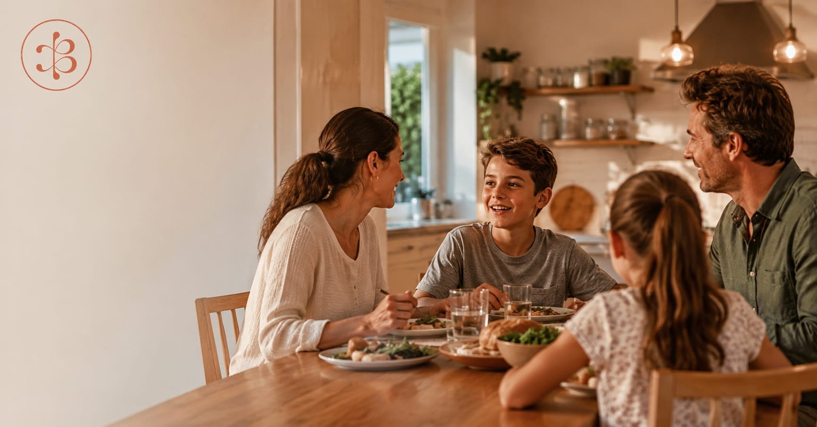 Familia cenando junta y conversando sin móviles sobre la mesa