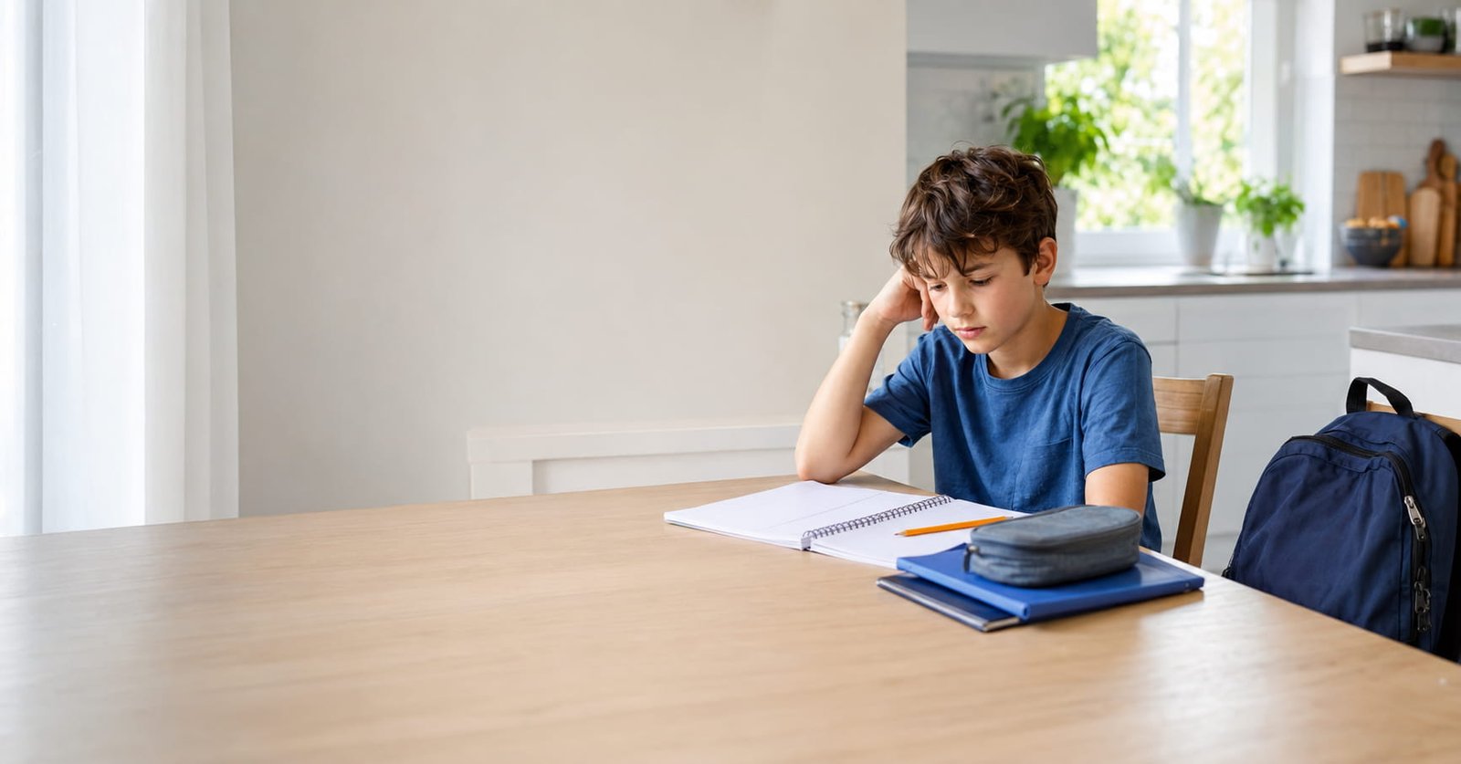 Niño de unos 9 años mirando preocupado un cuaderno escolar sobre la mesa de la cocina