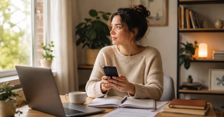 Mujer distraída con el móvil frente al portátil sin trabajar — dejar de procrastinar para siempre