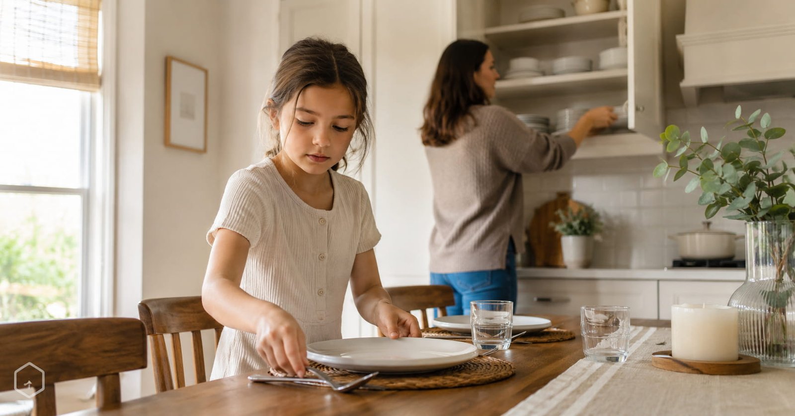 Niño poniendo los cubiertos en la mesa mientras su madre saca los platos — el bucle del hábito
