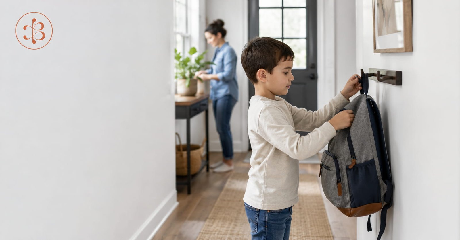 Niño de unos 8 años colgando su mochila en un gancho a su altura junto a la entrada de casa