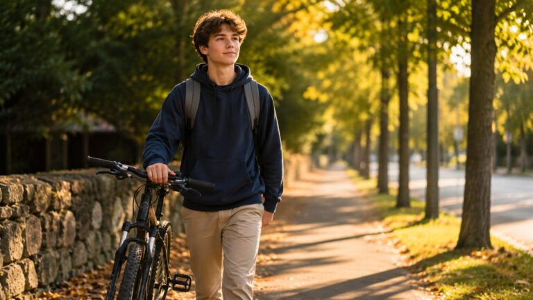Adolescente solo en exterior con actitud segura y tranquila — independencia en adolescentes