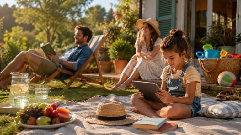 Niño usando una tablet en verano en exterior — niños y pantallas en verano