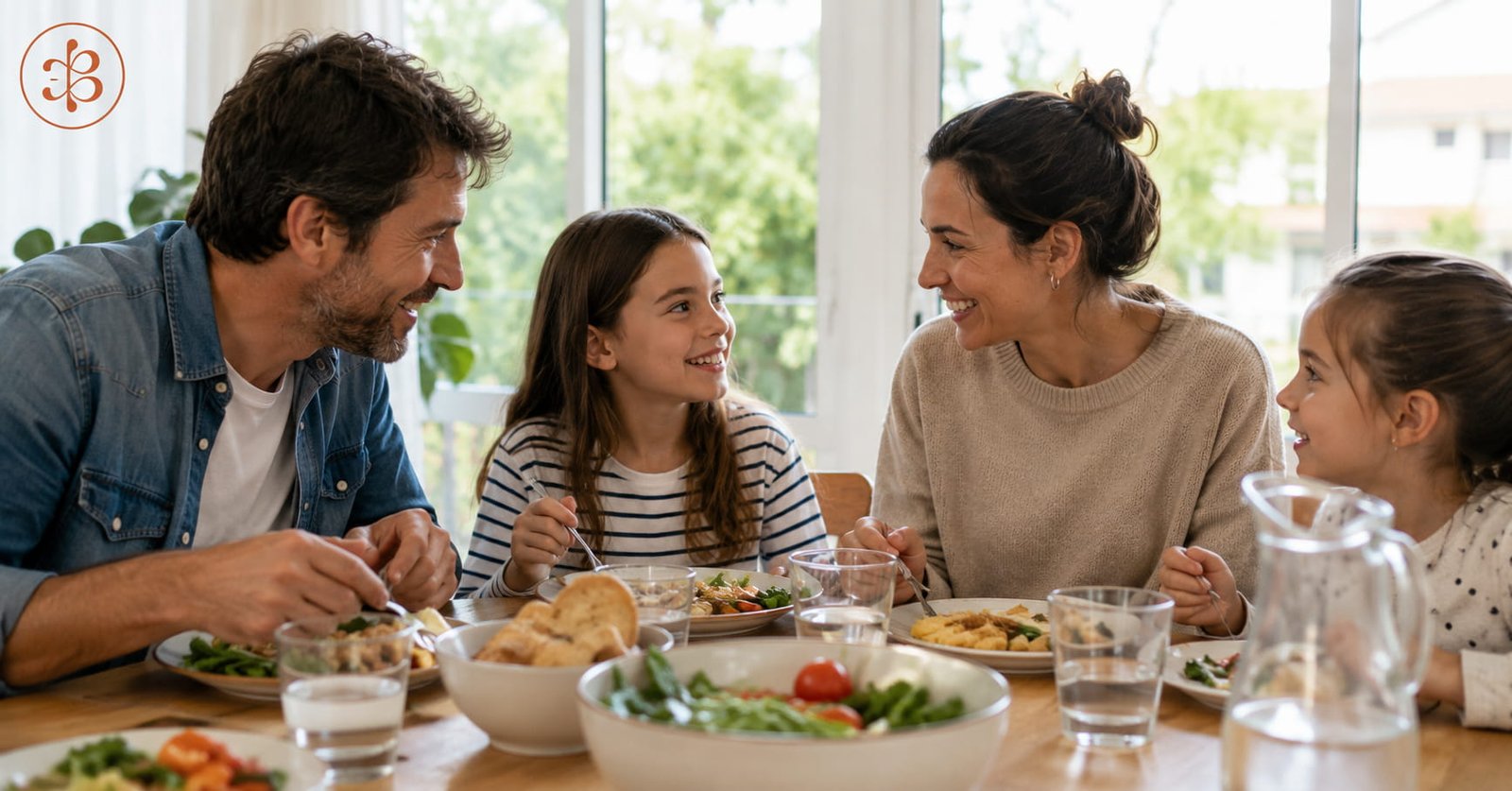 Familia cenando junta y conversando con calidez — el lenguaje que construye identidad