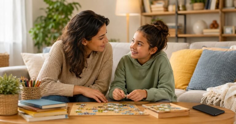 Madre e hija jugando juntas a un puzzle sin pantallas — pantallas y niños consecuencias