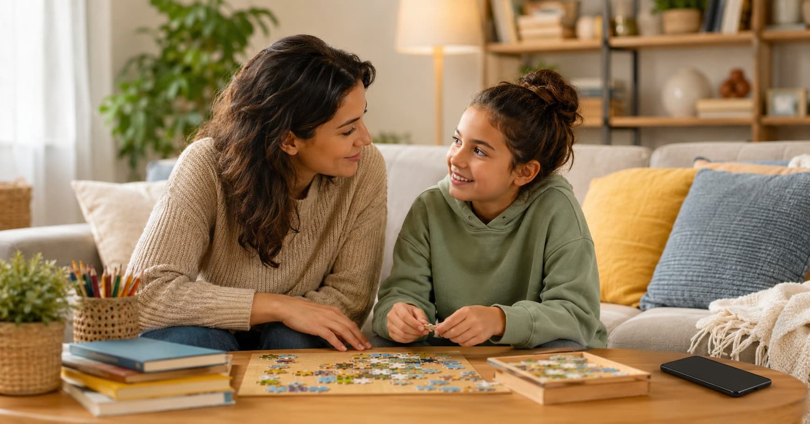 Madre e hija jugando juntas a un puzzle sin pantallas — pantallas y niños consecuencias
