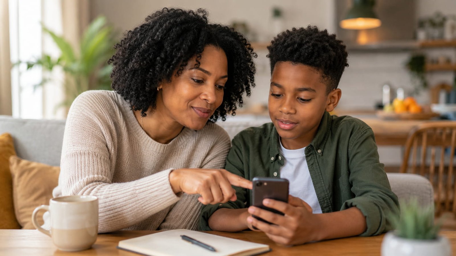 Padre configurando el móvil junto a su hijo — control parental móvil