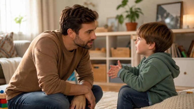 Padre escuchando con atención a su hijo pequeño — educación emocional en niños