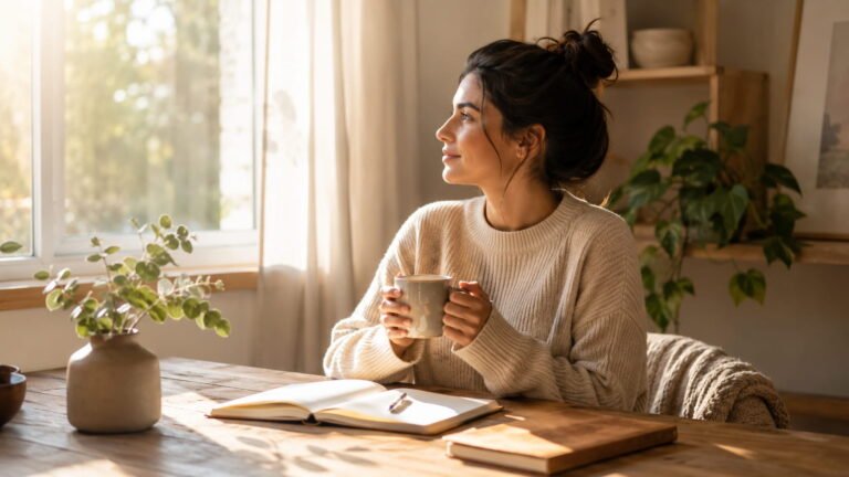 Persona en una mañana tranquila con café y cuaderno — hábitos matutinos productivos