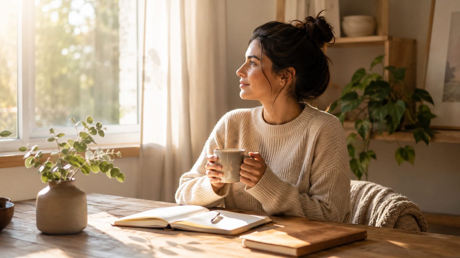 Persona en una mañana tranquila con café y cuaderno — hábitos matutinos productivos