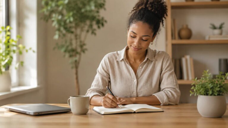 Persona en escritorio organizado con cuaderno y foco — productividad personal hábitos