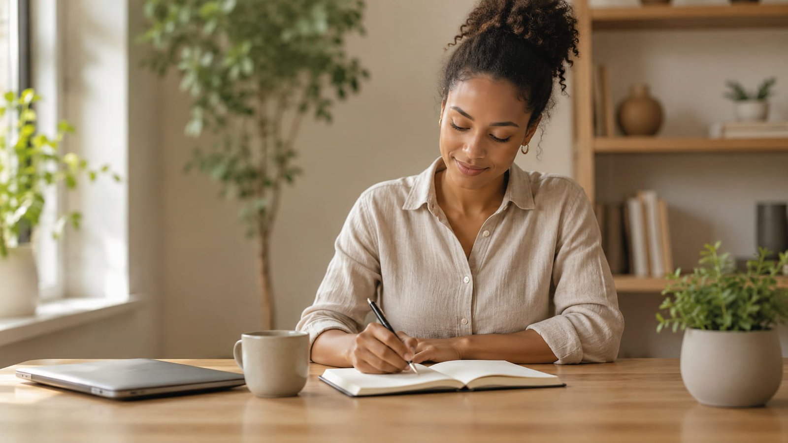 Persona en escritorio organizado con cuaderno y foco — productividad personal hábitos
