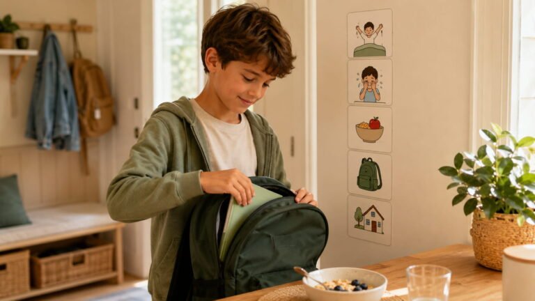 Niño siguiendo su rutina matutina de forma autónoma — rutinas para niños